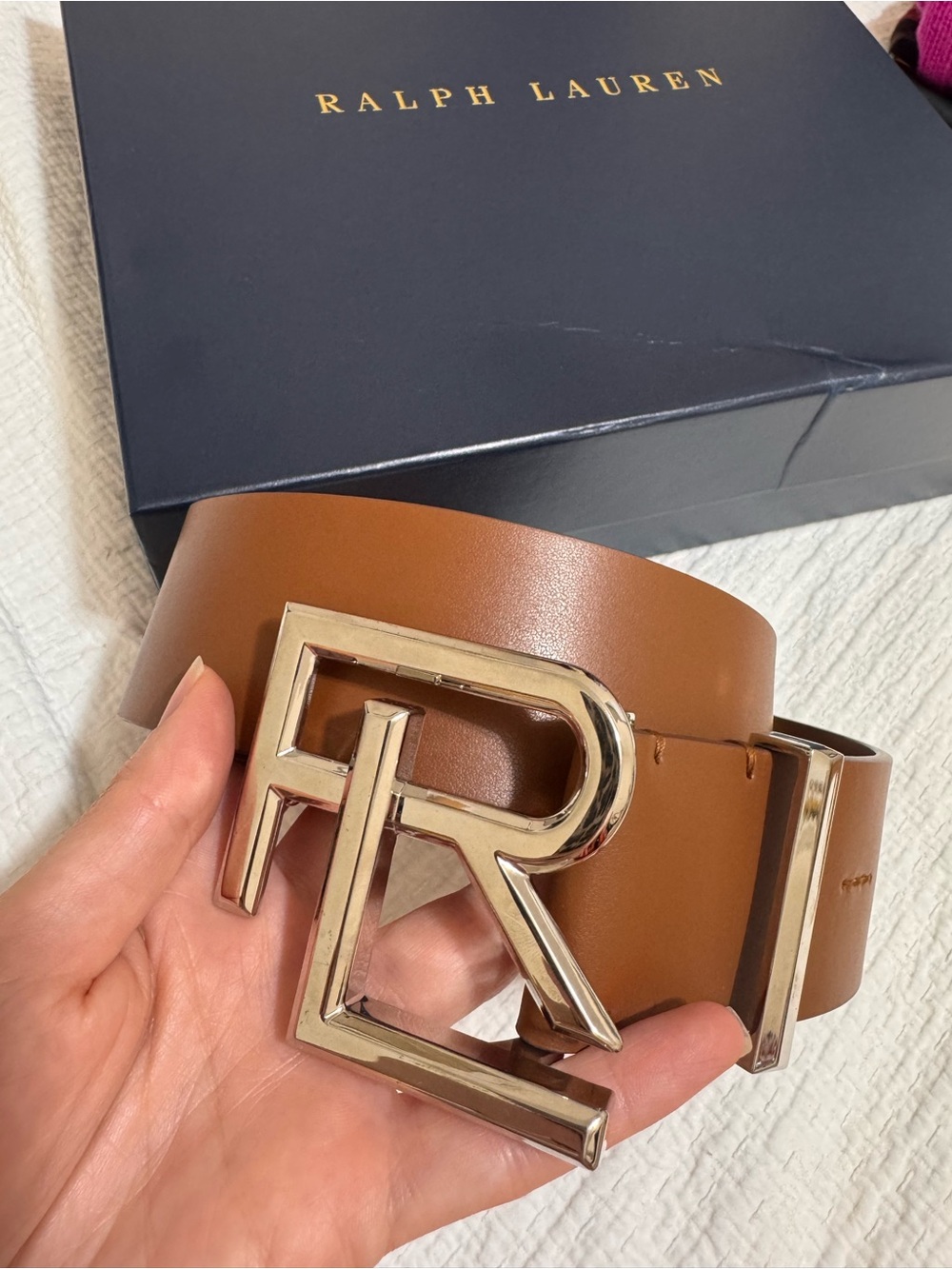 Ralph Lauren Brown Leather Belt with Gold RL Buckle. Women’s